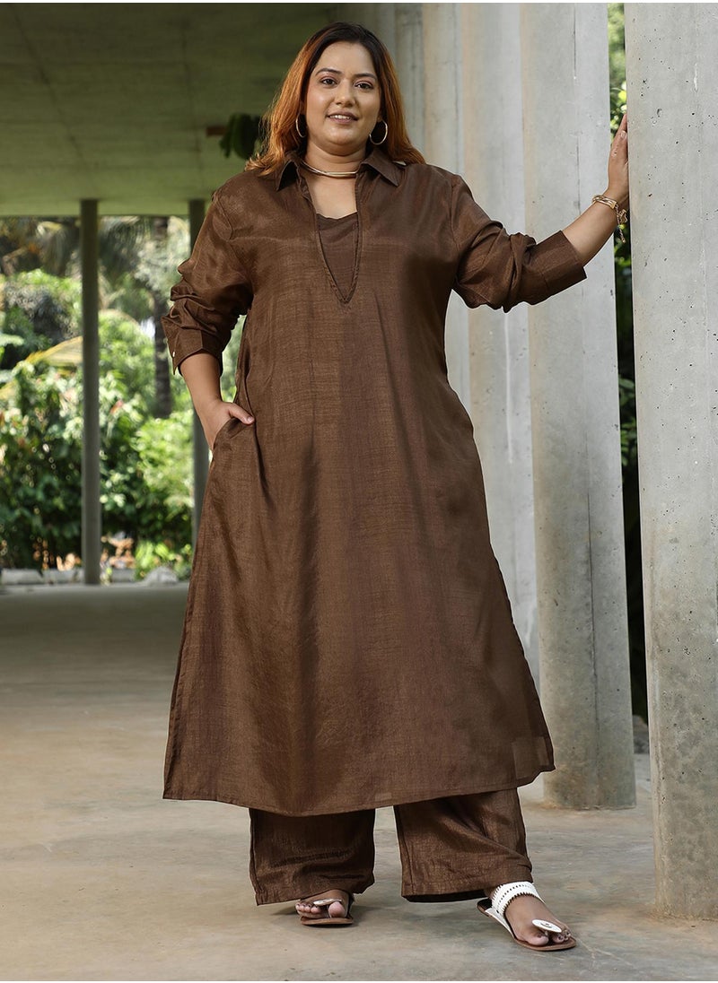 Instafab Plus Women's Chocolate Brown Dusk Ensemble Kurta Set  - Image 4