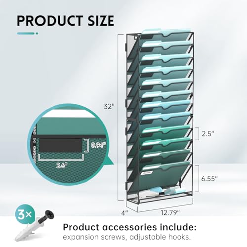 SUPEASY 13-Tier Wall File Organizer, Hanging Wall Files for Papers, Folders, Magazines, Wall Organizer for Clipboard, Assembly Needed, Black - Image 2