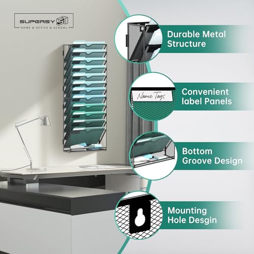 SUPEASY 13-Tier Wall File Organizer, Hanging Wall Files for Papers, Folders, Magazines, Wall Organizer for Clipboard, Assembly Needed, Black - Image 3