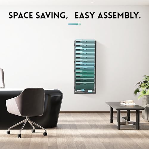 SUPEASY 13-Tier Wall File Organizer, Hanging Wall Files for Papers, Folders, Magazines, Wall Organizer for Clipboard, Assembly Needed, Black - Image 5