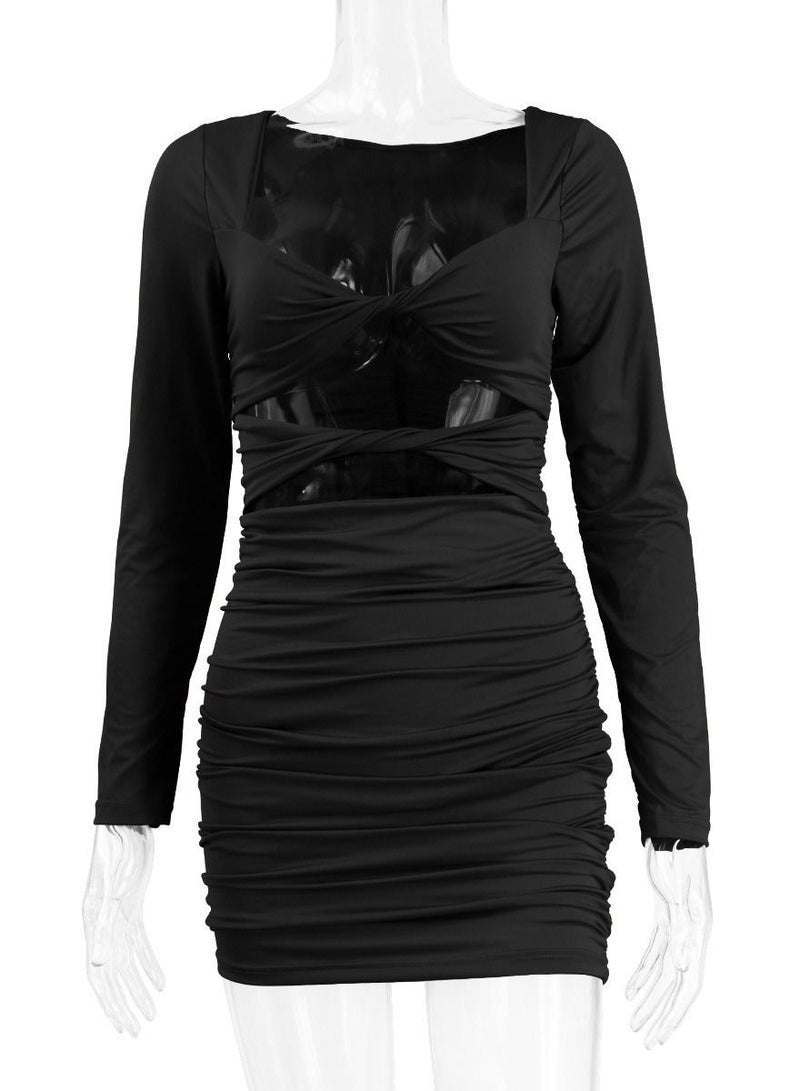 Deep V Pleated Dress Black