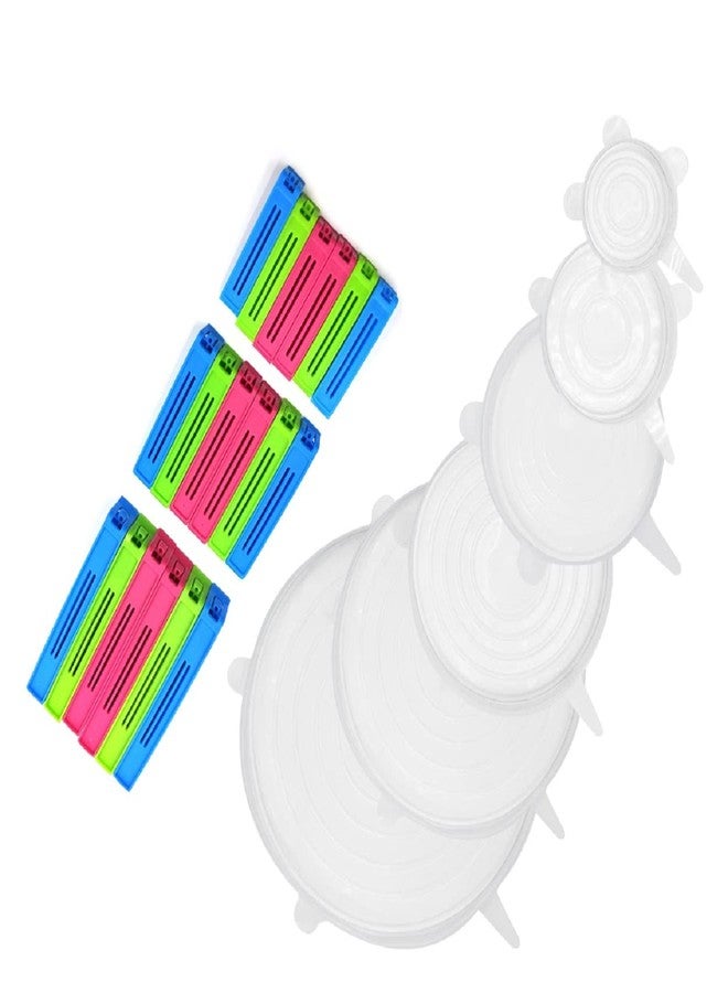 KhuHap Food Storage Bag Clip Seals (18 Pcs) & Silicone Reusable Stretchable Lids (6 Pcs) - Airtight Leak-Proof Food Freshness for Snack Bags, Containers, Bowls, Bottles, Cups, Glassware, Random Colors - Image 1