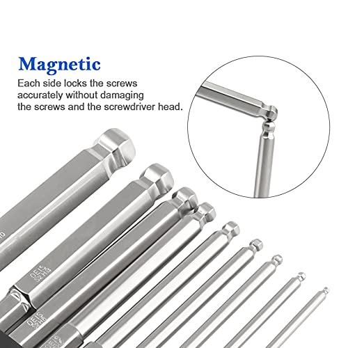 LDEXIN 9Pcs Ball End Hex Head Screwdriver Bits Set, 1.5mm 2mm 2.5mm 3mm 4mm 5mm 6mm 8mm 10mm Magnetic Tips Ball End Drill Bit Magnetic with 1/4 Inch Hex Shank, 75mm Length - Image 4