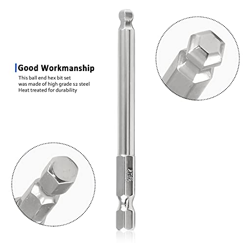 LDEXIN 9Pcs Ball End Hex Head Screwdriver Bits Set, 1.5mm 2mm 2.5mm 3mm 4mm 5mm 6mm 8mm 10mm Magnetic Tips Ball End Drill Bit Magnetic with 1/4 Inch Hex Shank, 75mm Length - Image 3