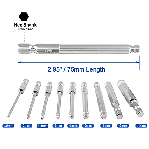 LDEXIN 9Pcs Ball End Hex Head Screwdriver Bits Set, 1.5mm 2mm 2.5mm 3mm 4mm 5mm 6mm 8mm 10mm Magnetic Tips Ball End Drill Bit Magnetic with 1/4 Inch Hex Shank, 75mm Length - Image 2