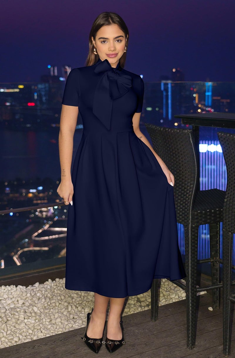Memoriesea Women's Elegant Casual Short Sleeve Work Party A-Line Dress with Pockets NavyBlue - Image 2
