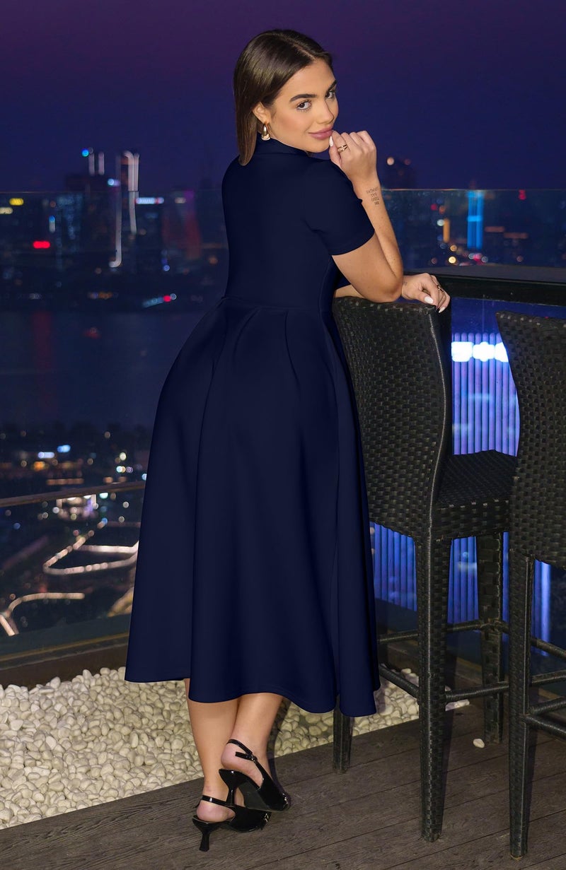 Memoriesea Women's Elegant Casual Short Sleeve Work Party A-Line Dress with Pockets NavyBlue - Image 3