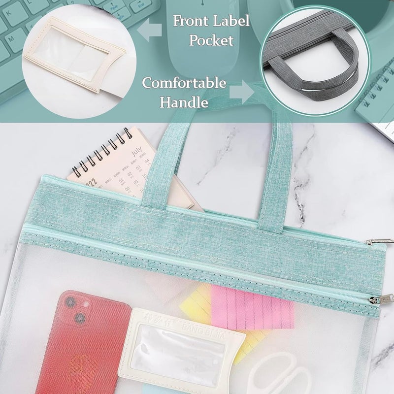 AVLA 4 Pack Student Book Pouches, A4 Mesh Zipper Bag with Handle, File Document Puzzle Bag with Name Card Pocket for Organizing Storage Board Games, School Office Appliances, Convenient to Carry - Image 4