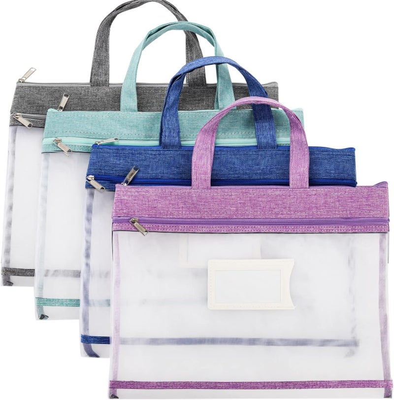 AVLA 4 Pack Student Book Pouches, A4 Mesh Zipper Bag with Handle, File Document Puzzle Bag with Name Card Pocket for Organizing Storage Board Games, School Office Appliances, Convenient to Carry - Image 1