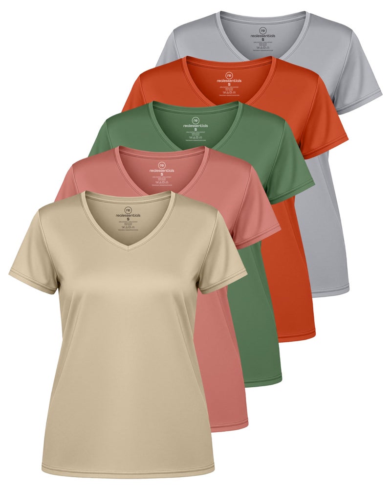 REALESSENTIALS Real Essentials 5 Pack: Women's Dry-Fit Short Sleeve V Neck T Shirt Workout Fitness Yoga Top Tee, Set 12, M - Image 1