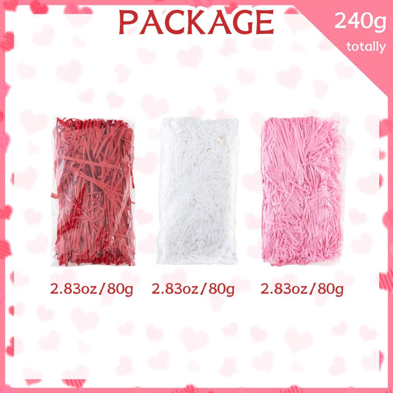 Gloreyan 3 Colors Valentine's Day Shredded Paper Filler Pink Red White Raffia Paper Grass Crinkle Cut Tissue Paper for Gift Wrapping Basket Box Filling Birthdays Weddings Party Supply(8.5oz) - Image 2
