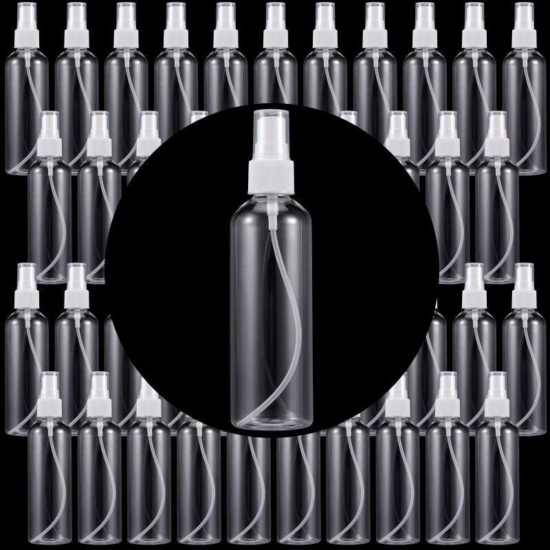 ZEONHAK 50 Pack Plastic Spray Bottles Clear with Fine Mist and Refillable 4oz Capacious Bottles for Essential Oils Facial Hair and Perfume Spray