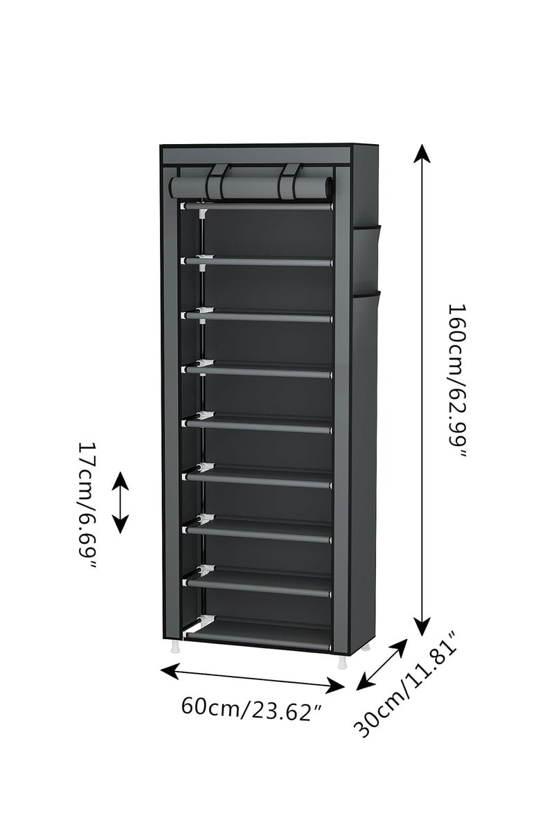GUDOO منظم أحذية بـ9 طوابق، رف أحذية محمول مع غطاء من قماش غير منسوج، مناسب للخزانة أو الممر أو غرفة النوم أو مدخل المنزل، باللون الرمادي. - Image 3