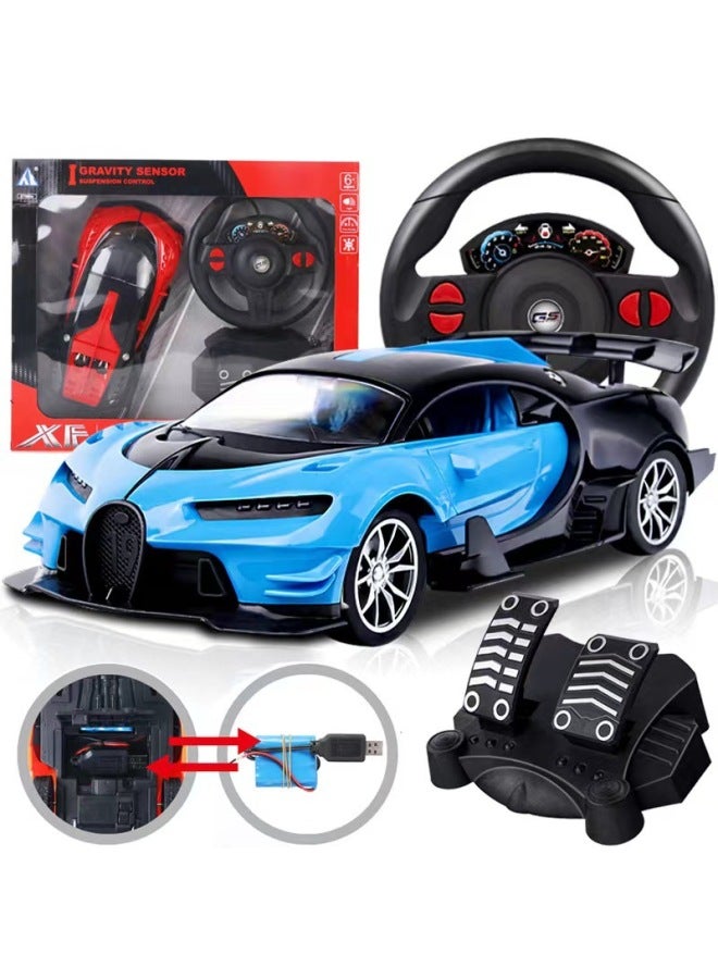 Remote Control Car Electric Rechargeable Four-wheel Drive Car Drop-resistant High-speed Drift Racing Car Sports Car Boy Children's Toy Model-Color:Lanwei Steering Wheel Pedal-Proportion:Three-charge Version 【three Groups Of Rechargeable Batteries + Charger + Remote Control】】