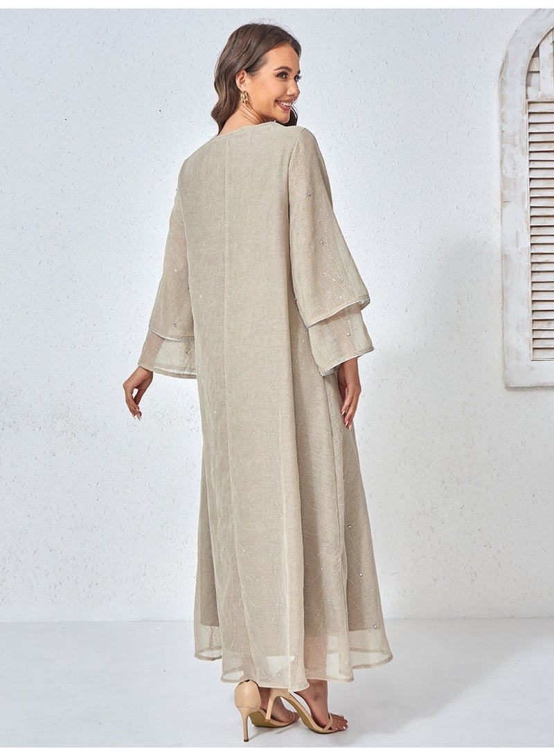 Kaiyuede Elegant Brown Embroidered Kaftan Dress for Women Long Sleeve Maxi Dress with Sequin Mesh Overlay for Eid Ramadan Party - Image 3