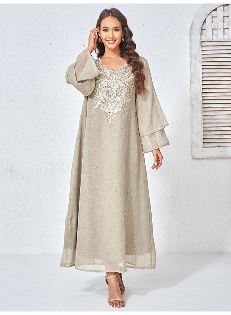 Kaiyuede Elegant Brown Embroidered Kaftan Dress for Women Long Sleeve Maxi Dress with Sequin Mesh Overlay for Eid Ramadan Party - Image 1