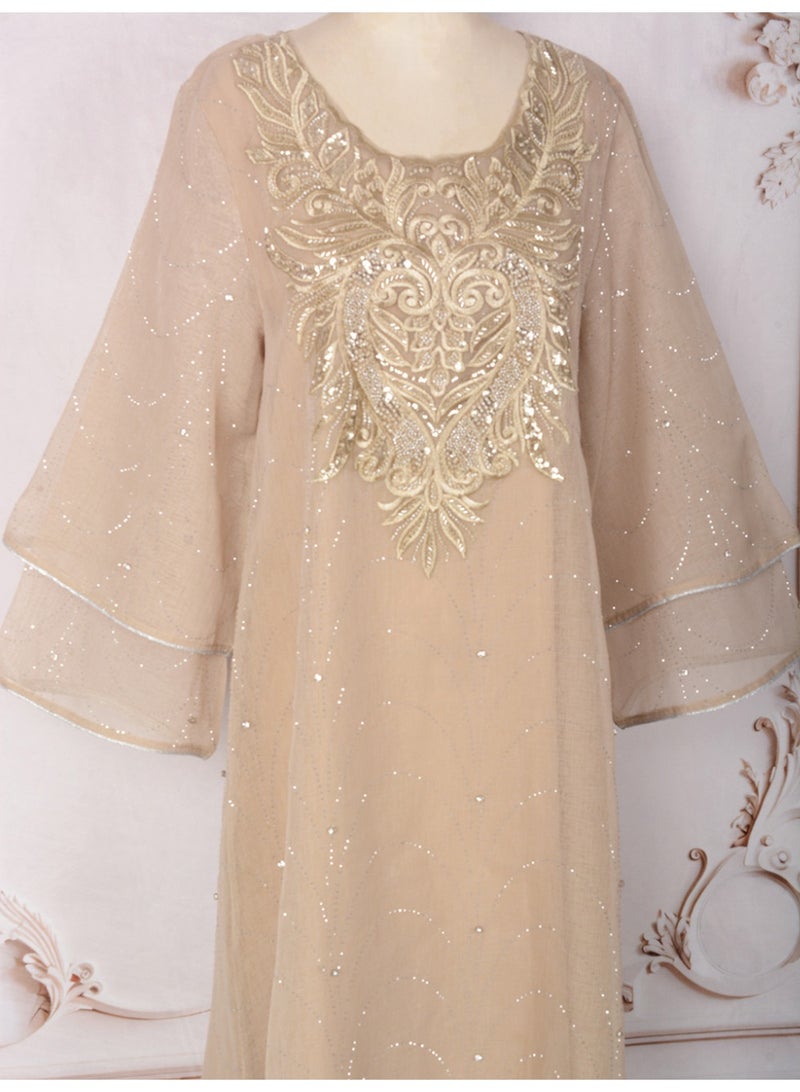 Kaiyuede Elegant Brown Embroidered Kaftan Dress for Women Long Sleeve Maxi Dress with Sequin Mesh Overlay for Eid Ramadan Party - Image 2