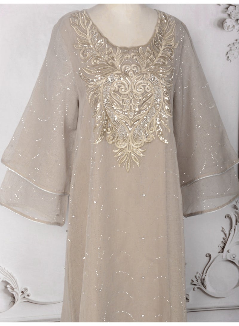 Kaiyuede Women's Brown Floral Embroidered Mesh Sequin Jalabiya Double Flared Sleeve Loose Maxi Modest Dress For Eid Ramadan Wedding S-XXL - Image 2