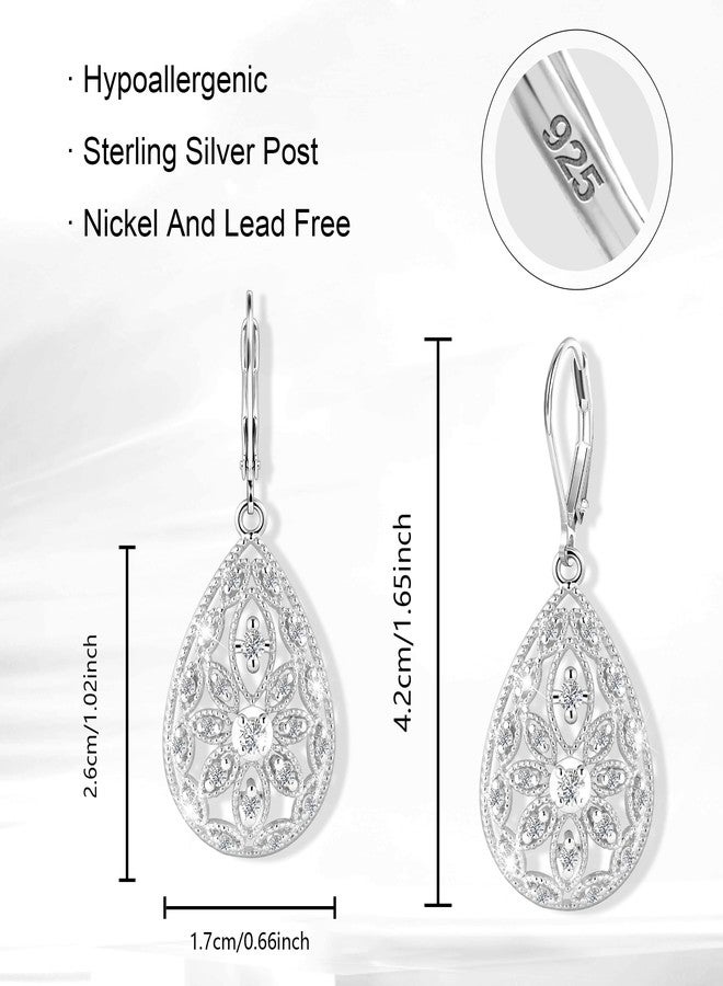 Lancharmed Sterling Silver Earrings Teardrop Dangle Earrings for Women Cubic Zirconia Drop Earring Hypoallergenic Leverback Tear Drop Dangle Filigree Earrings Silver Jewelry for Gifts - Image 5