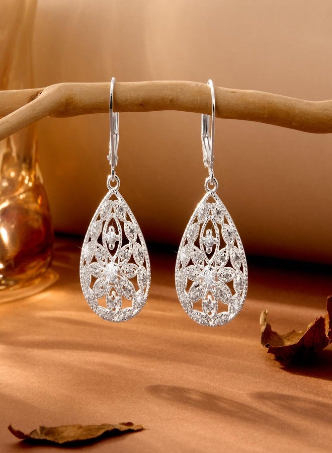 Lancharmed Sterling Silver Earrings Teardrop Dangle Earrings for Women Cubic Zirconia Drop Earring Hypoallergenic Leverback Tear Drop Dangle Filigree Earrings Silver Jewelry for Gifts - Image 4