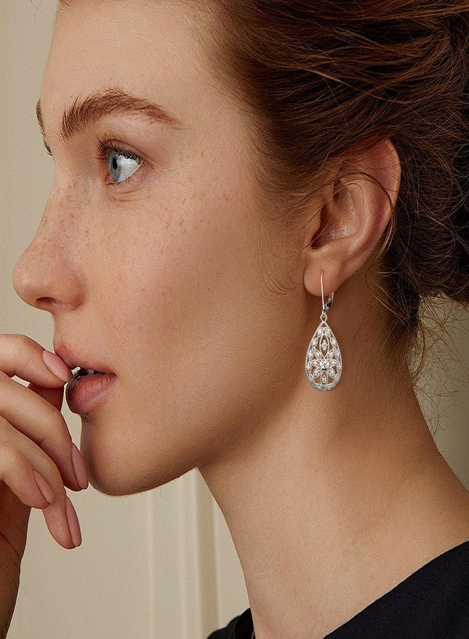 Lancharmed Sterling Silver Earrings Teardrop Dangle Earrings for Women Cubic Zirconia Drop Earring Hypoallergenic Leverback Tear Drop Dangle Filigree Earrings Silver Jewelry for Gifts - Image 3