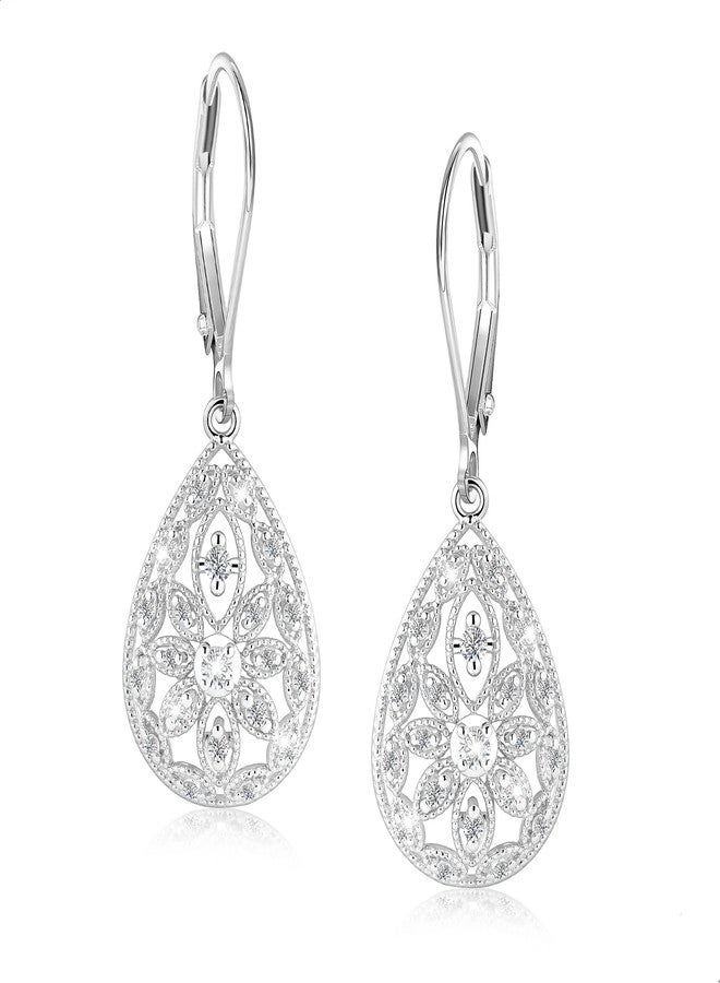 Lancharmed Sterling Silver Earrings Teardrop Dangle Earrings for Women Cubic Zirconia Drop Earring Hypoallergenic Leverback Tear Drop Dangle Filigree Earrings Silver Jewelry for Gifts - Image 1