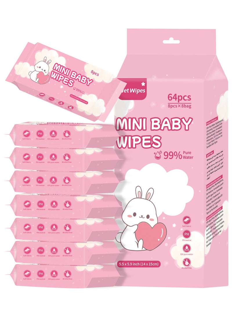 Portable Baby Wipes 99.9% Pure Water,Mini Wet Wipes (128 Pcs), Hypoallergenic , Hand and Mouth Wipes for Babies Students and Children.  - Image 1