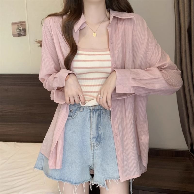 French Long Sleeve Cardigan with Sling suit Outer Wear Thin Sun Protection Clothing Womens 2024 Autumn and Summer New Shirt Thin Coat ❈ ✿ Lotus root shirt ✿ ❈ 