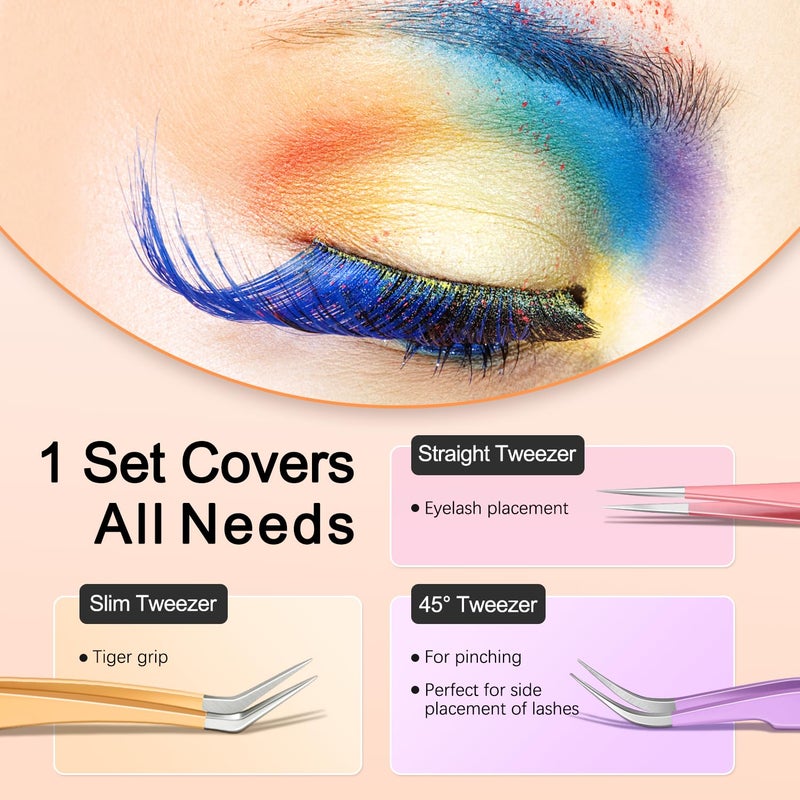 MORGLES 5pcs Eyelash Extension Tweezers High Precision, Straight and Curved Volume Lash Tweezers for Extensions, Crafting, Girls Women Beginners - Image 3