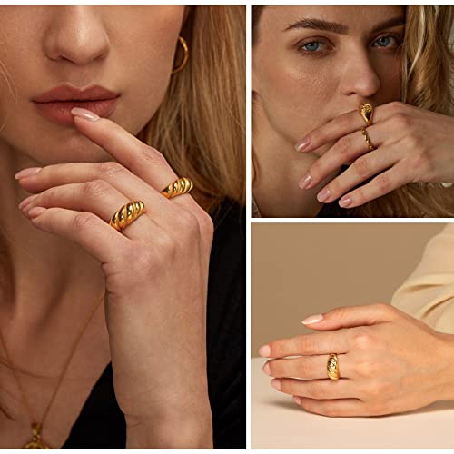 MOROTOLE 3Pcs Chunky Gold Rings Set for Women Thick Dome Rings 18K Gold Plated Croissant Braided Twisted Stacking Round Signet Rings Jewelry Size 6-10 - Image 5