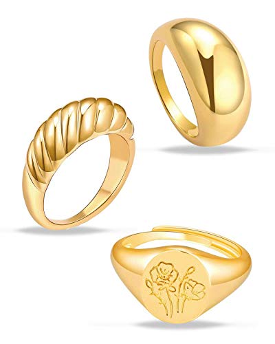 MOROTOLE 3Pcs Chunky Gold Rings Set for Women Thick Dome Rings 18K Gold Plated Croissant Braided Twisted Stacking Round Signet Rings Jewelry Size 6-10 - Image 1