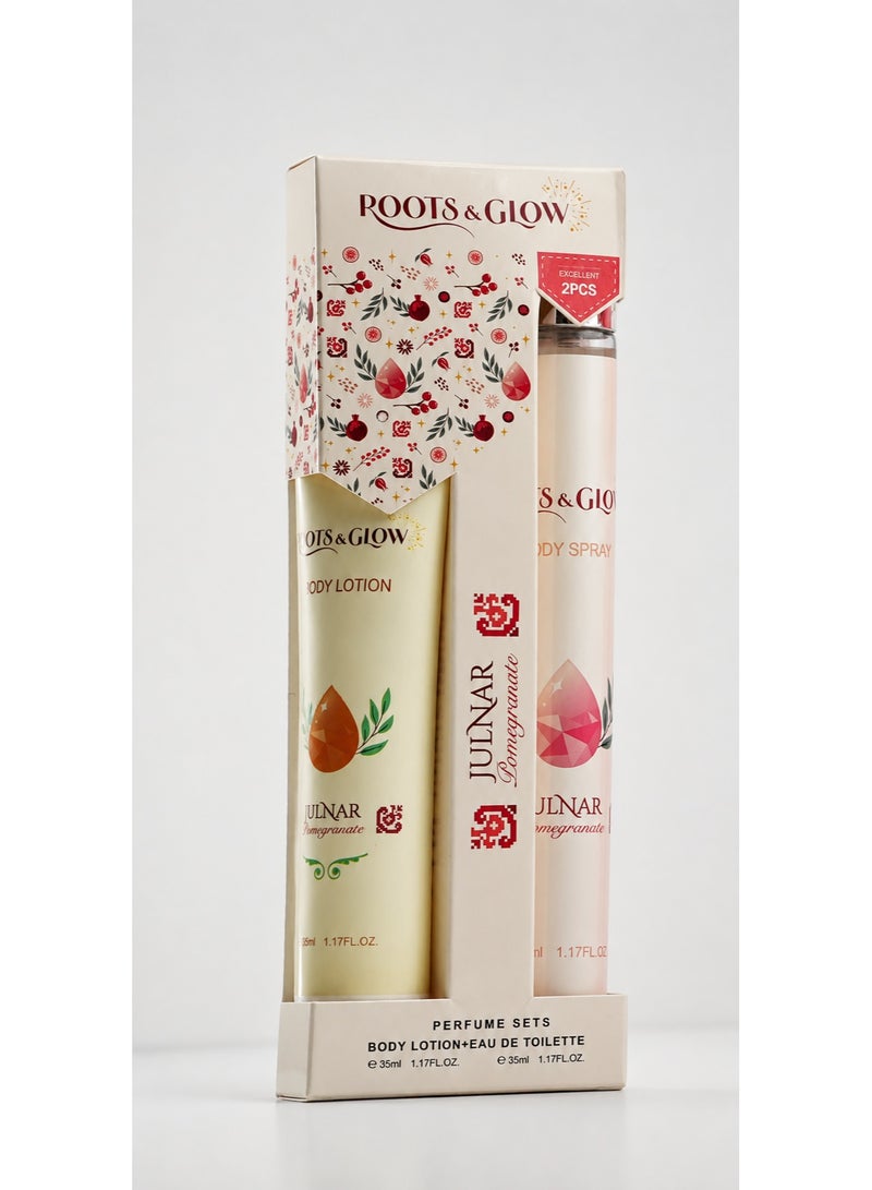 Roots & Glow Body Lotion Womens Perfume Gift Sets – Purse Sized 35ml Mini Body Mist for Women with 35ml Hydrating Lotion – Pampering Pomegranate Scented SPA Gifts for Women - Image 1