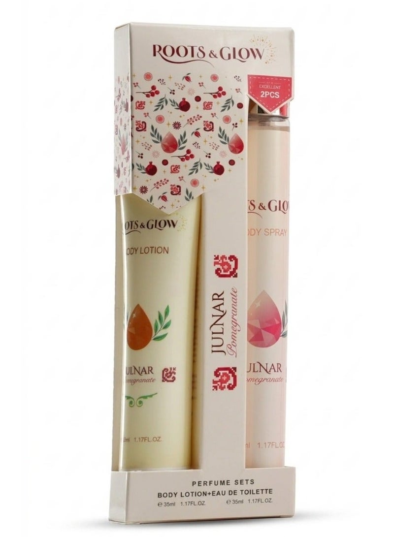 Roots & Glow Julnar Purse Set – Mini 35ml Body Mist & 35ml Body Lotion for Women – Pomegranate Scented Gift Set – Paraben-Free – Roots & Glow - Image 1