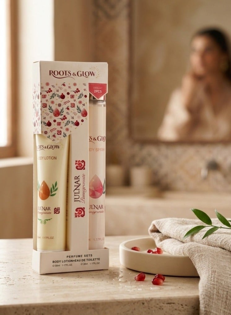 Roots & Glow Julnar Purse Set – Mini 35ml Body Mist & 35ml Body Lotion for Women – Pomegranate Scented Gift Set – Paraben-Free – Roots & Glow - Image 2