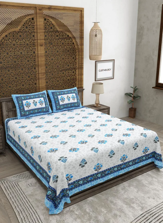 CLOTHOLOGY CLOTHOLOGY Blue & White Floral Printed Cotton King Bedsheet Set with 2 Pillow Covers