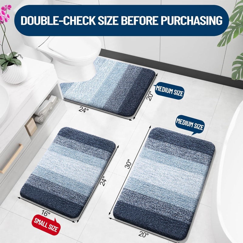 OLANLY Bathroom Rugs Sets 3 Piece, Soft Absorbent Microfiber Bath Mats and U-Shaped Contour Toilet Rug, Plush Shaggy Bath Mat Set for Bathroom (30"x20"+24"x16"+24"x20", Dark Blue) - Image 3