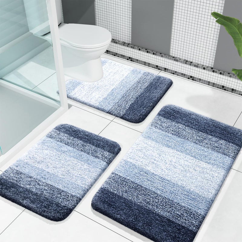 OLANLY Bathroom Rugs Sets 3 Piece, Soft Absorbent Microfiber Bath Mats and U-Shaped Contour Toilet Rug, Plush Shaggy Bath Mat Set for Bathroom (30"x20"+24"x16"+24"x20", Dark Blue) - Image 1
