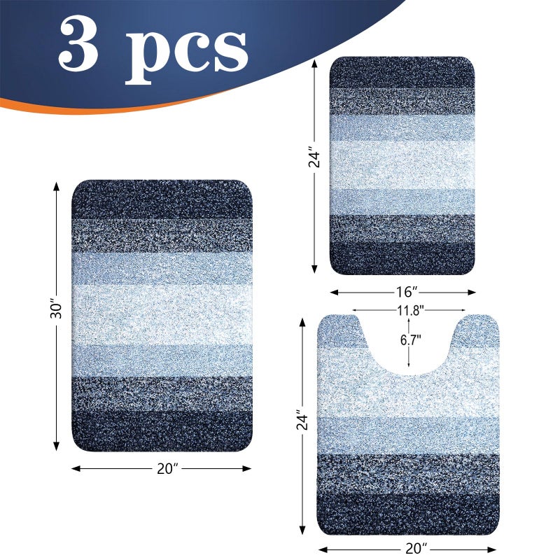 OLANLY Bathroom Rugs Sets 3 Piece, Soft Absorbent Microfiber Bath Mats and U-Shaped Contour Toilet Rug, Plush Shaggy Bath Mat Set for Bathroom (30"x20"+24"x16"+24"x20", Dark Blue) - Image 2