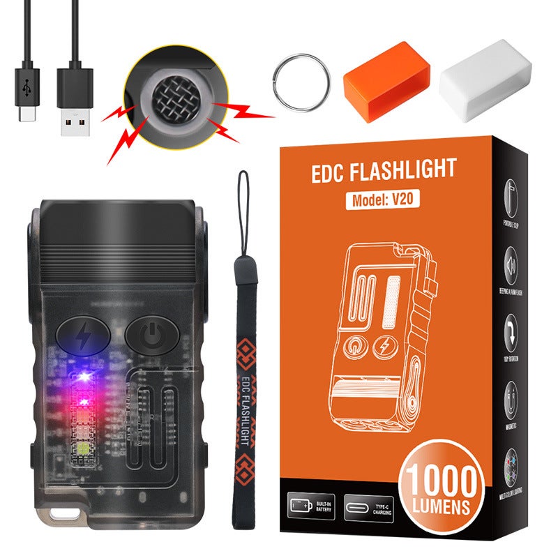 New V20 multi-function EDC flashlight 180 degree adjustment buzzer anti-wolf portable light long endurance flashlight V20 transparent black (main light white red light)