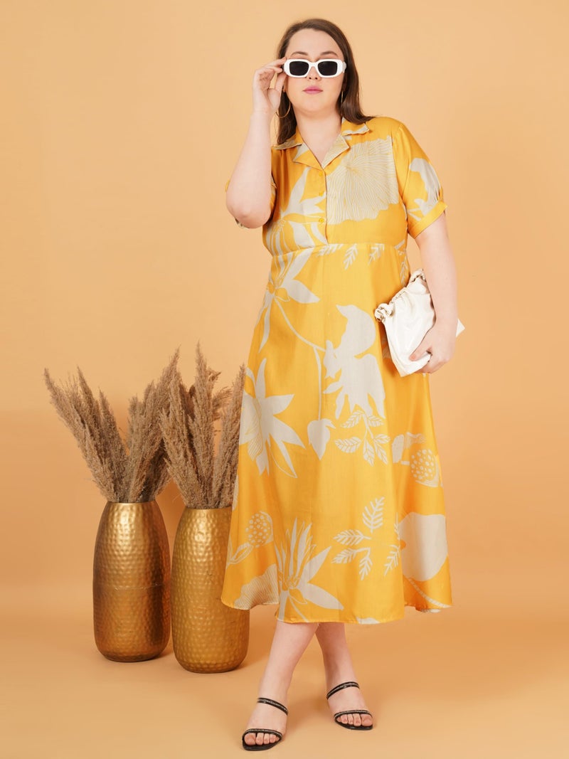 Indietoga Women's Plus Size Rayon Fit & Flare Long Maxi Dress (P10001598_Yellow Floral Print_5XL) - Image 5
