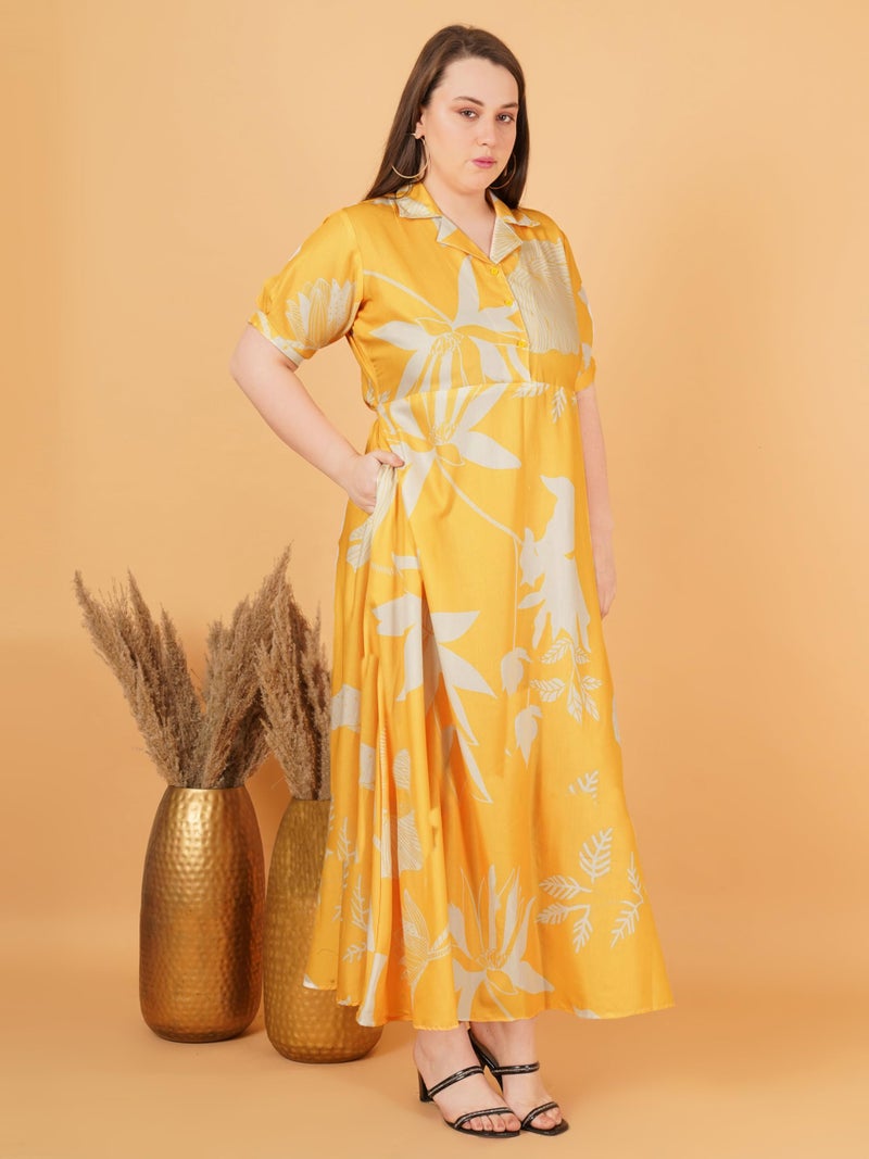 Indietoga Women's Plus Size Rayon Fit & Flare Long Maxi Dress (P10001598_Yellow Floral Print_5XL) - Image 4