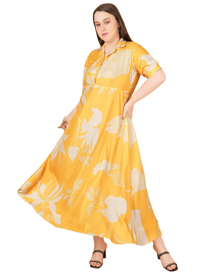 Indietoga Women's Plus Size Rayon Fit & Flare Long Maxi Dress (P10001598_Yellow Floral Print_5XL) - Image 1