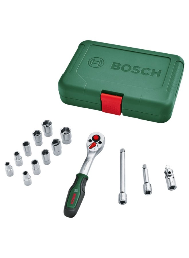 بوش Bosch 1/4 Inch Drive Socket Set - Ergonomic Soft Grip Handle, Magnetic Bit Holder and Sturdy Chrome Vanadium Steel for Versatile DIY Use (14-Piece) - Image 1
