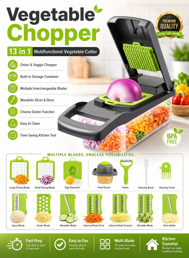 BGM Vegetable Chopper, Multifunctional Vegetable Cutter, Onion Food Chopper with Container, Cheese Grater Mandolin Slicer Dicer for Kitchen - Image 1