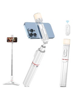 Bluetooth Selfie Stick Tripod with Light Filling, 3-in-1 Expandable Aluminium Selfie Rod with Removable Wireless Remote Control, for iPhone 13/12/11 Pro/XS Max/XS/X/8/7, Samsung Smartphones (White)