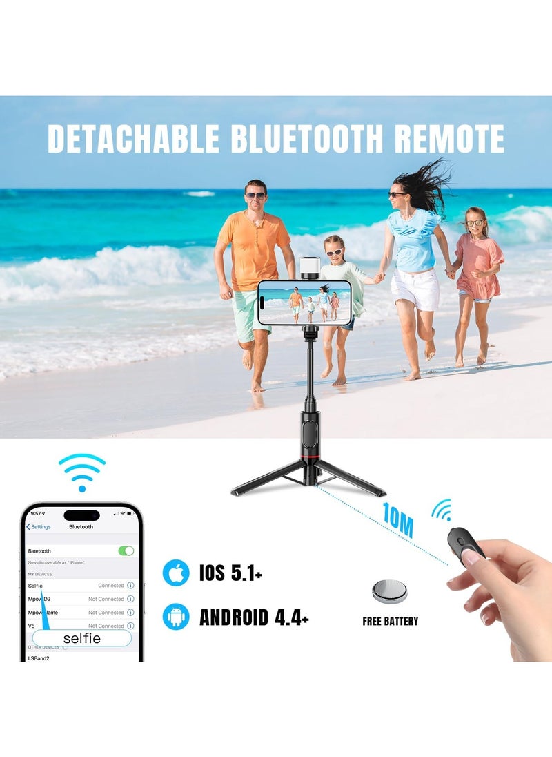 SNW - Bluetooth Selfie Stick Tripod with Light Filling, 3-in-1 Expandable Aluminium Selfie Rod with Removable Wireless Remote Control, for iPhone 13/12/11 Pro/XS Max/XS/X/8/7, Samsung Smartphones (White) - Image 1