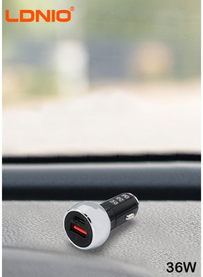 لدنيو شاحن سيارة عالمي مزدوج USB بقوة 36 وات مع شاشة رقمية، محول مقبس شحن سريع، متوافق مع منافذ ولاعة السجائر في السيارة والشاحنة 12 فولت - 24 فولت، يدعم الهواتف الذكية والأجهزة اللوحية ونظام تحديد المواقع العالمي (GPS) وأجهزة USB الأخرى - Image 1