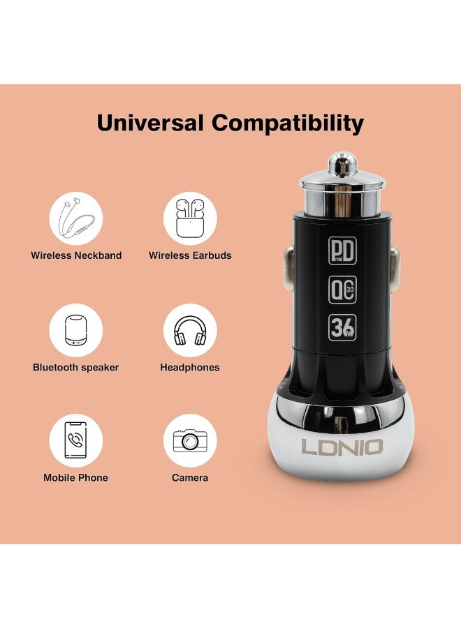 لدنيو شاحن سيارة عالمي مزدوج USB بقوة 36 وات مع شاشة رقمية، محول مقبس شحن سريع، متوافق مع منافذ ولاعة السجائر في السيارة والشاحنة 12 فولت - 24 فولت، يدعم الهواتف الذكية والأجهزة اللوحية ونظام تحديد المواقع العالمي (GPS) وأجهزة USB الأخرى - Image 3
