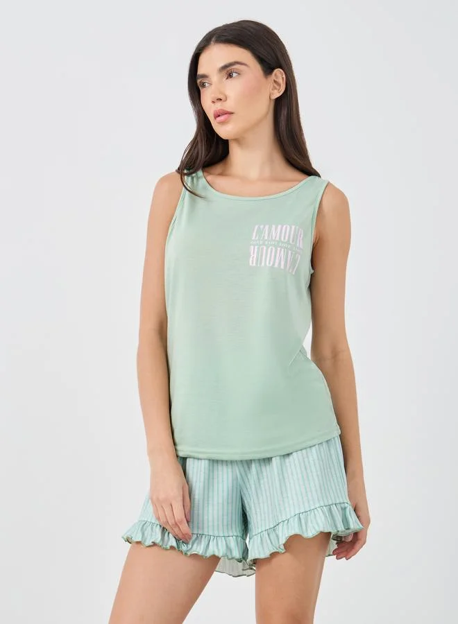 ستايلي Styli Lamour Slogan Tank and Placket Ruffle Hem Shorts Set