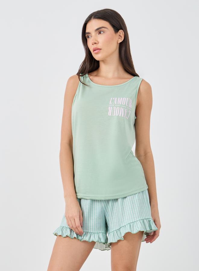Styli Lamour Slogan Tank and Placket Ruffle Hem Shorts Set - Image 1